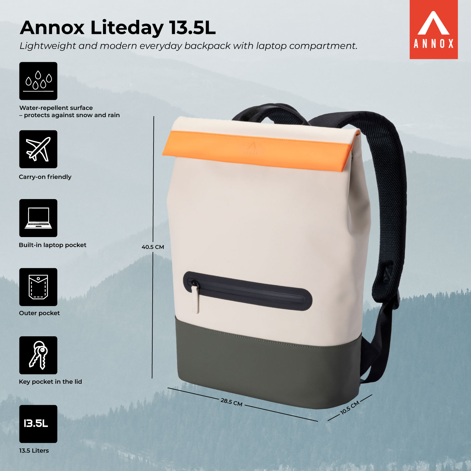 Annox Liteday 13.5L - Lightweight And Modern Everyday Backpack With Laptop Compartment