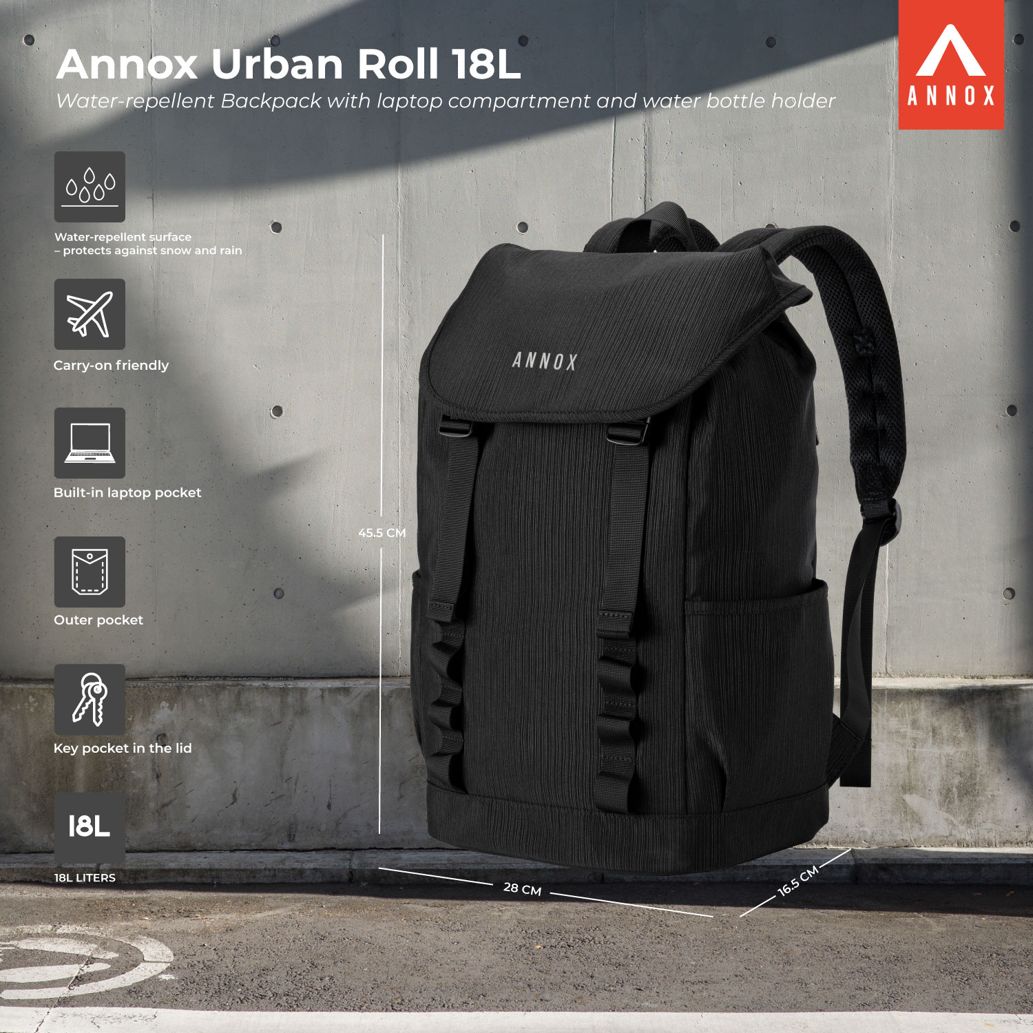 Annox Urban Roll 18L - Water-repellent Backpack With Laptop Compartment And Water Bottle Holder