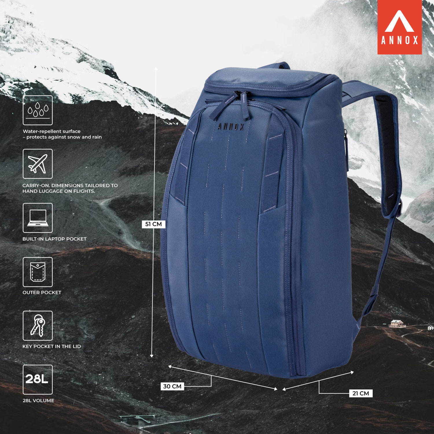 Annox Vault 28L - Water-repellent Backpack For Skiing, Sports, And Travel